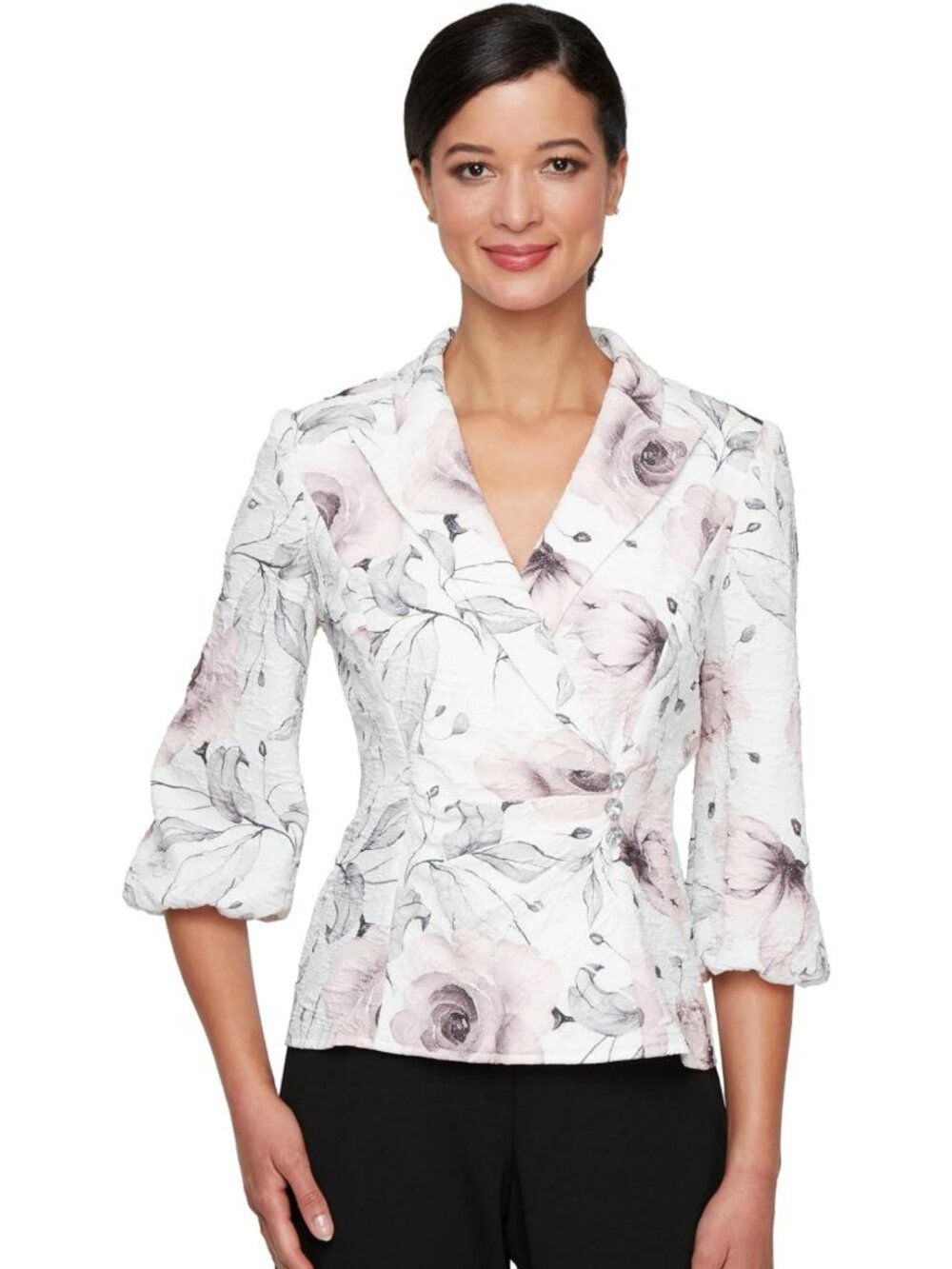 Alex Evenings Women's 3/4 Sleeve Printed Stretch Jacquard Collared Blouse with